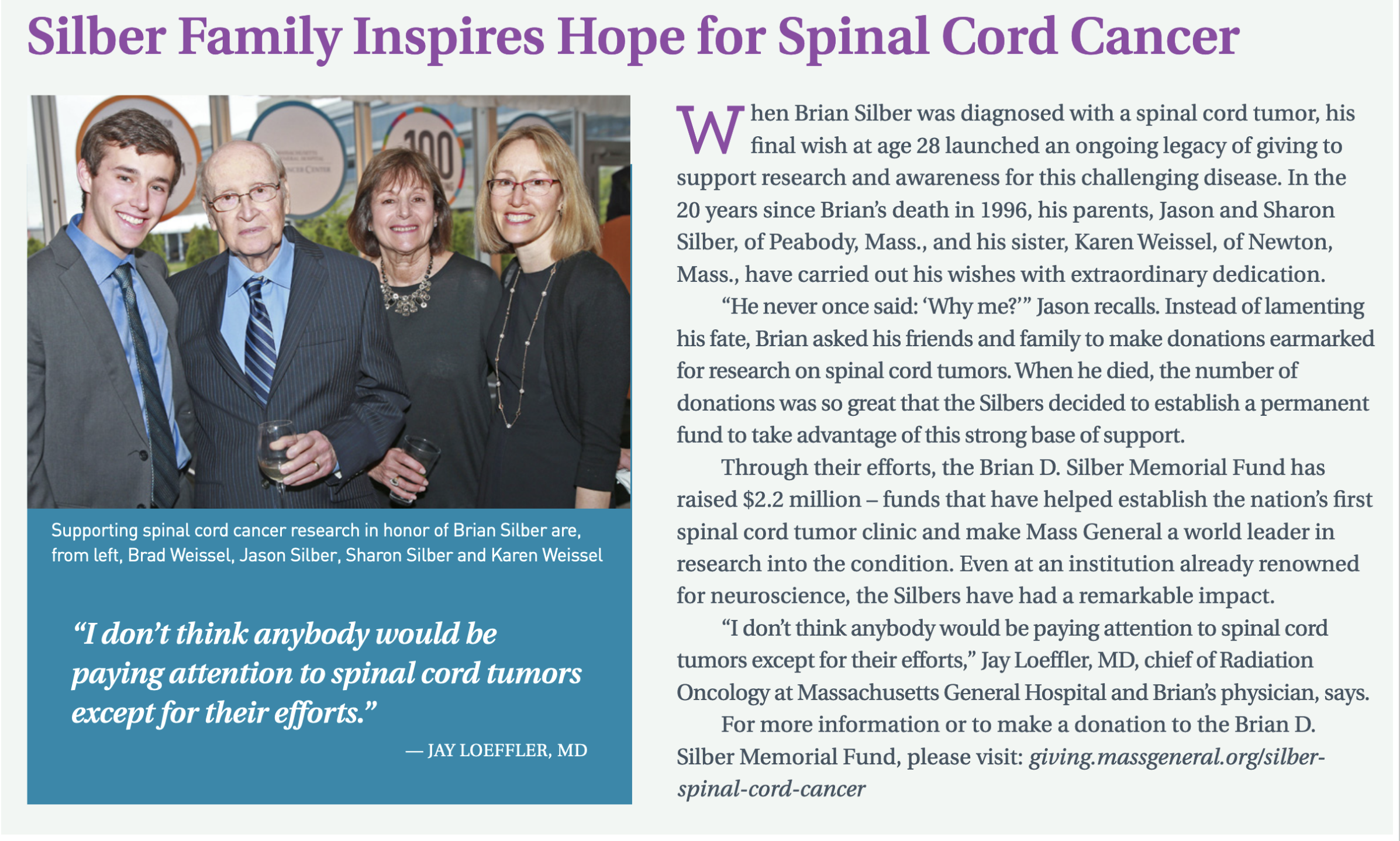 Magazine feature: Silber Family Inspires Hope for Spinal Cord Cancer, Mass General Cancer Center